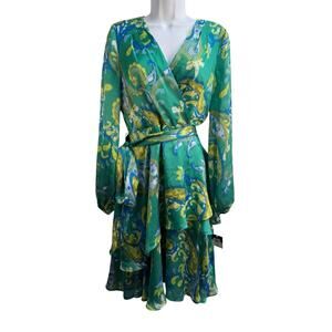 TAHARI ASL Women's Size 4 Wrap Belt Dress Green Paisley Ruffle Print Lined NWT